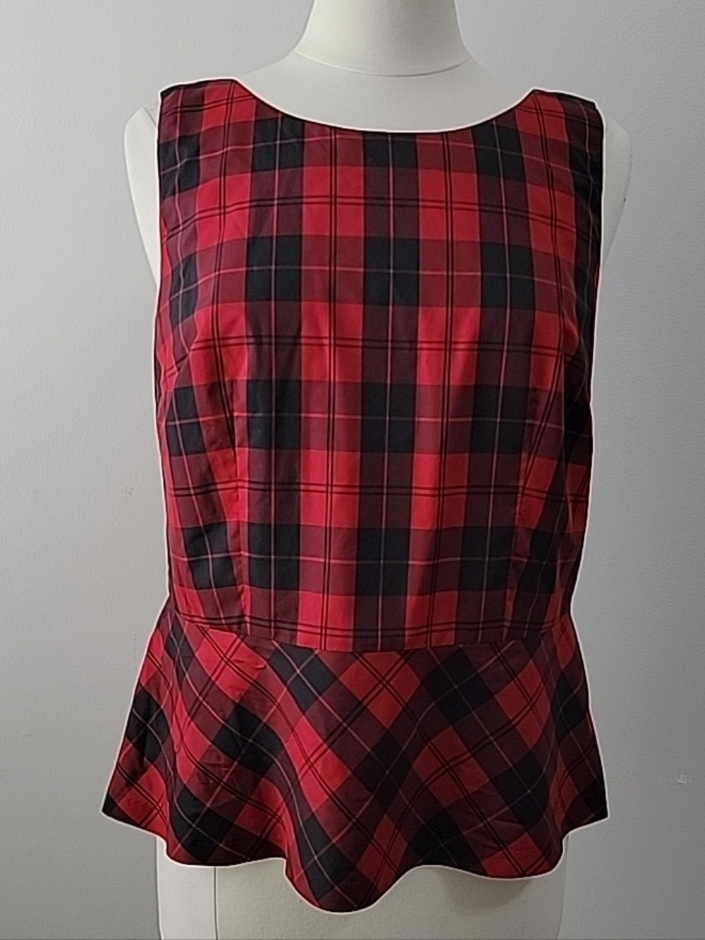 Talbots Peplum Top Womens Multi Tartan Plaid Holiday Sleeveless Side Zip Size 10